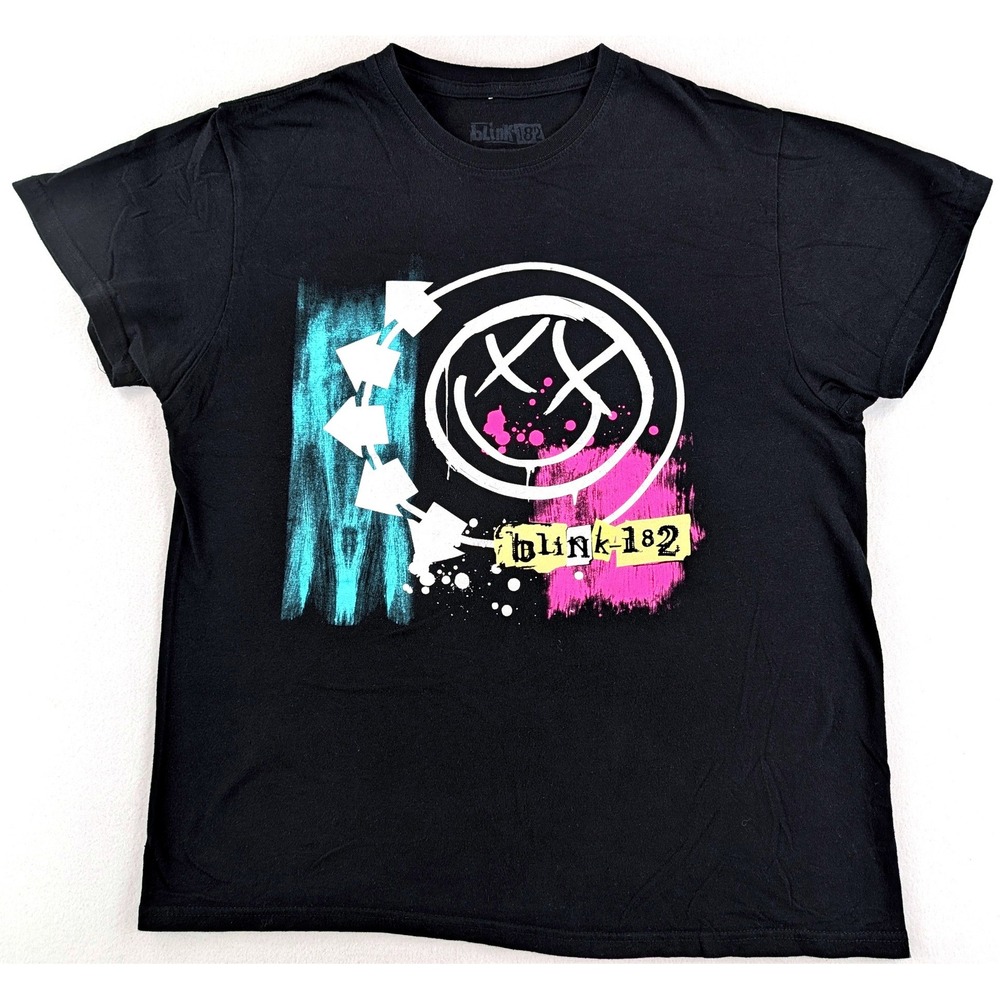 Blink-182 Smiley Face Graphic T-Shirt Mens Large Black Pop Punk Band Tee